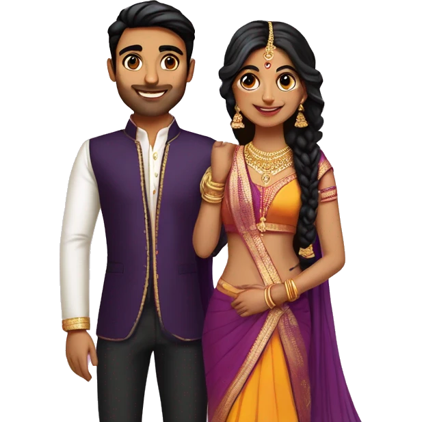 south indian girl fair with hair wearing dark purple lengha marrying south indian guy with straight hair and wearing silver black pants in  emoji