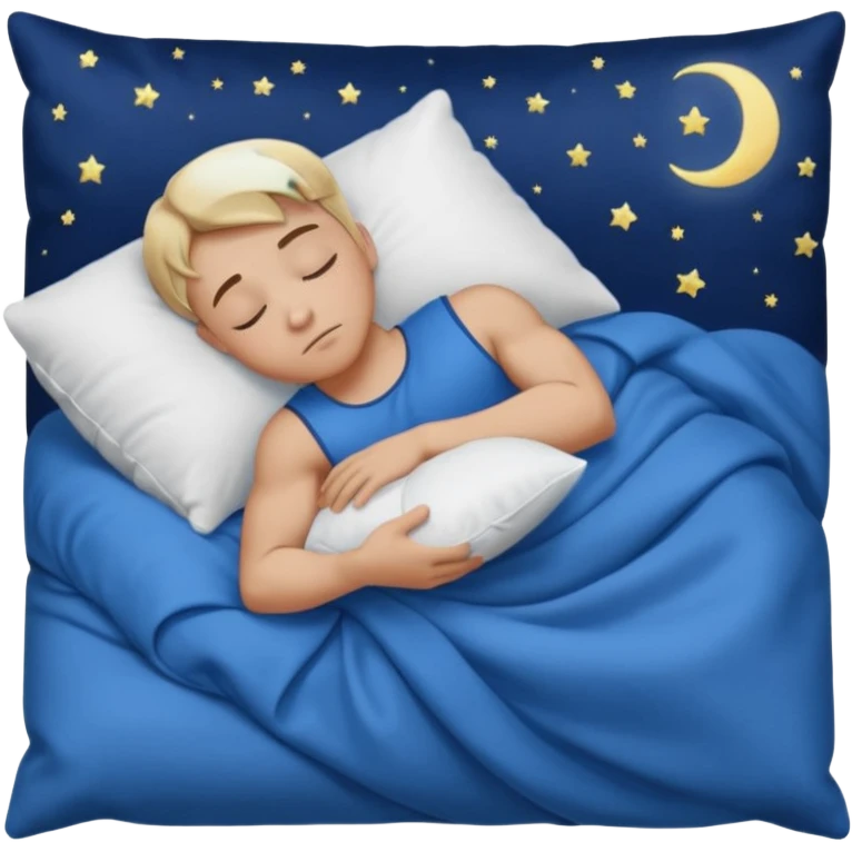 “A young muscular male with short dark-blonde hair and medium-light skin, wearing blue cloth. He sleeps on his side, holding a soft white pillow, his head on a smooth blue pillow. A sleeping symbol floats above him in the dark, nighttime scene. A flowing blue blanket with silky folds covers him. emoji