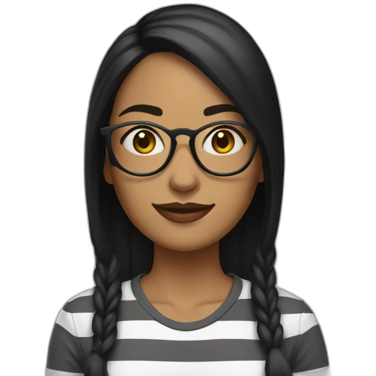 woman, black mid long hair, glasses on top of her head, long shirt with stripes emoji