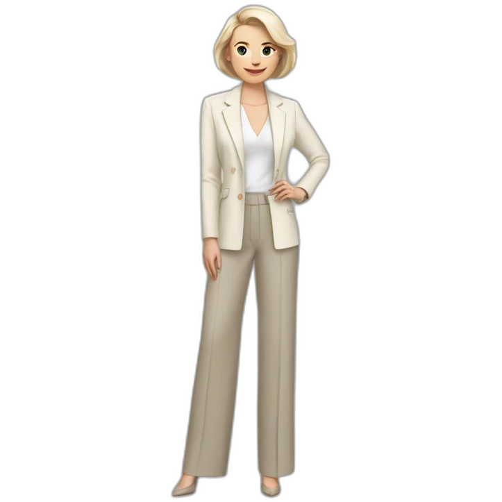 Full height Actively gesturing with hands pale skin woman with ash blonde Straightened bob Hair, White Spacious classical jacket, beige palazzo Arrow pants and gray blouse emoji