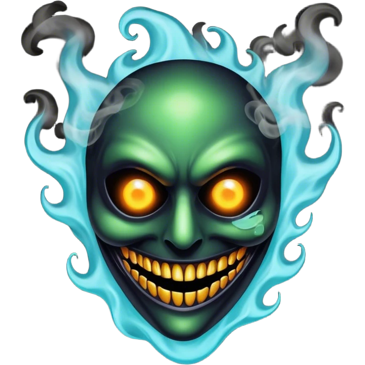 A mischievous entity with a half-melted mask, glowing void eyes, and a smoke-like body, shadow jester emoji