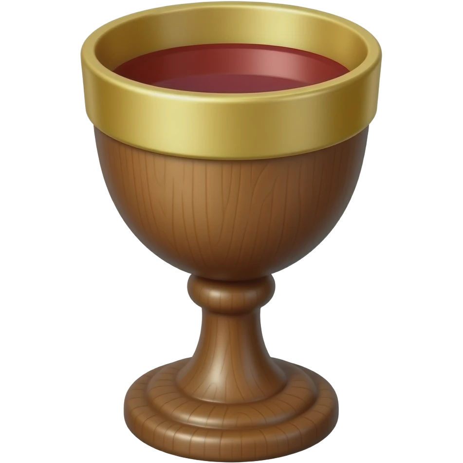 3D emoji of a wooden Eucharist chalice with a shiny gold metal rim and interior, containing red wine. Apple-style aesthetic, simple clean design, white background emoji
