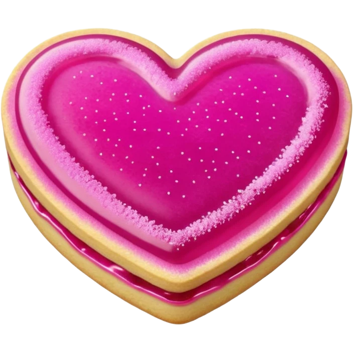 Realistic shortbread cookie in the shape of a heart with Fuchsia color jelly middle filling and sprinkled powder sugar on top. emoji