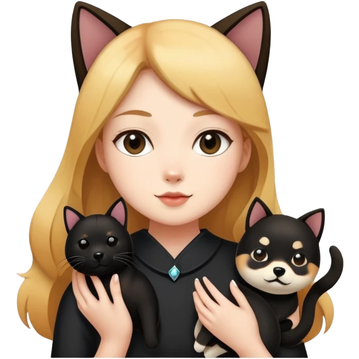 The girl is holding a black cat and a Shiba Inu emoji