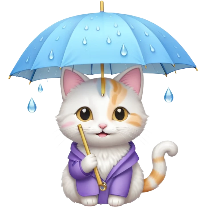 A cute cat holding a pastel umbrella, smiling while raindrops fall softly. emoji