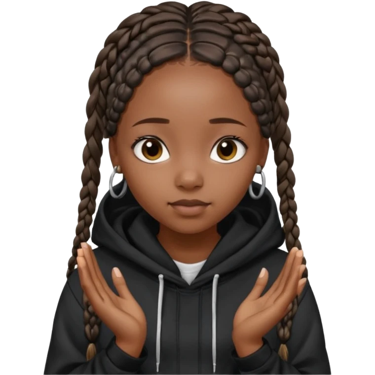 African American girl dark skin with long box braids and plain black hoodie with prayer hands emoji