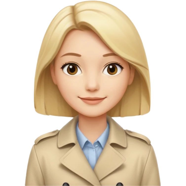 Cewe Kalem Kulit putih halus, rambut blonde panjang lurus rapi, belah samping. Pakai trench beige terang atau cream soff emoji