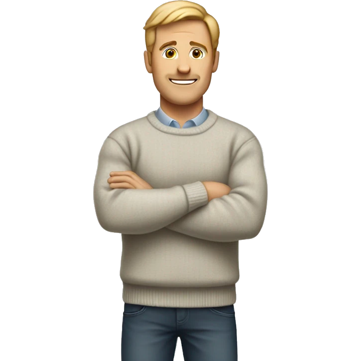 a white man wearing a sweater standing straight with his arms raised emoji