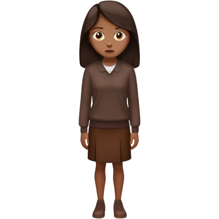 =Cartoon emoji of a woman with long, loose dark hair, wearing chocolate-colored clothes. Full-height, standing, nervous, unsure, worried expression. Slightly hunched, anxious posture. Smooth, simple, stylized emoji