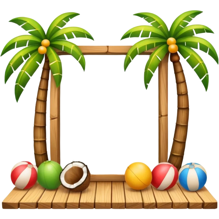 emoji style frame with summer theme, colorful balls, wooden planks, and coconut trees emoji