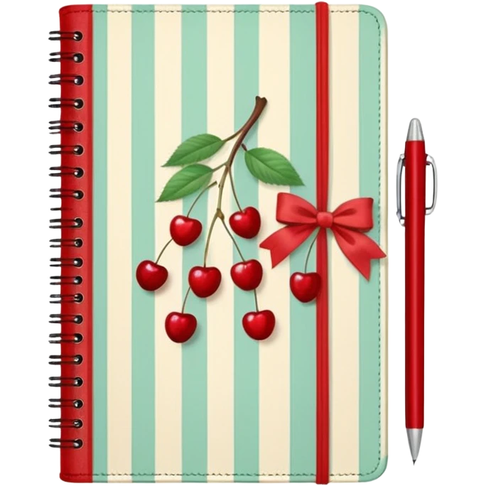 Cute vintage notebook cover, mint and cream vertical stripes, red spine
Hand-drawn cherries with leopard bow, playful feminine aesthetic
Flat illustration, clean composition, soft retro color palette emoji