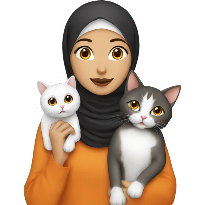 Hijabi girl with two cats, one orange and one white  emoji