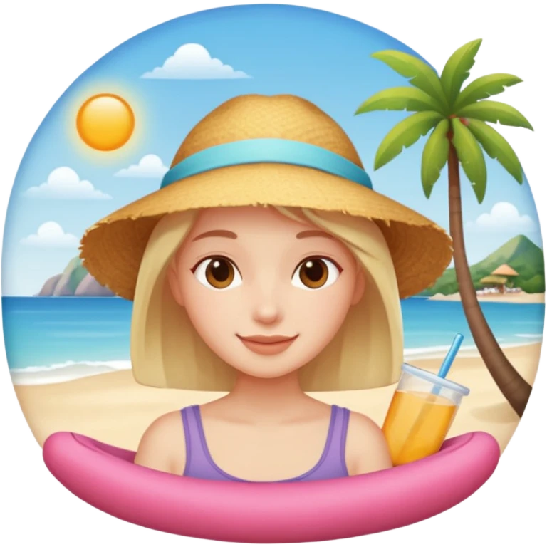 Emoji-style person relaxing on vacation, happy and content, rounded features, soft shading, emoji