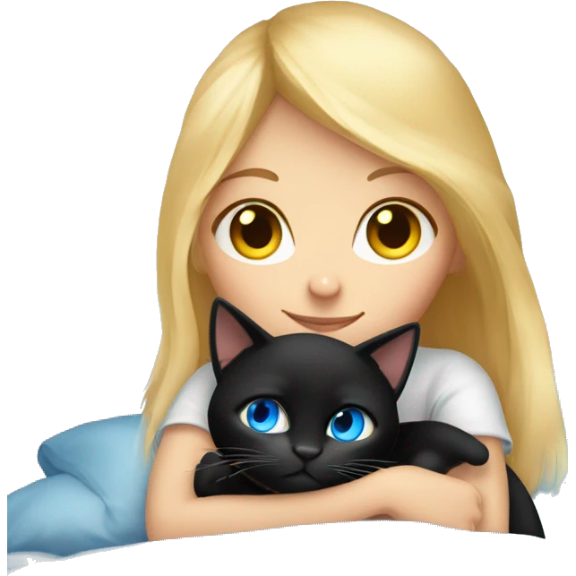 Blonde haired girl with blue eyes cuddled up in bed with a black cat that has yellow eyes emoji