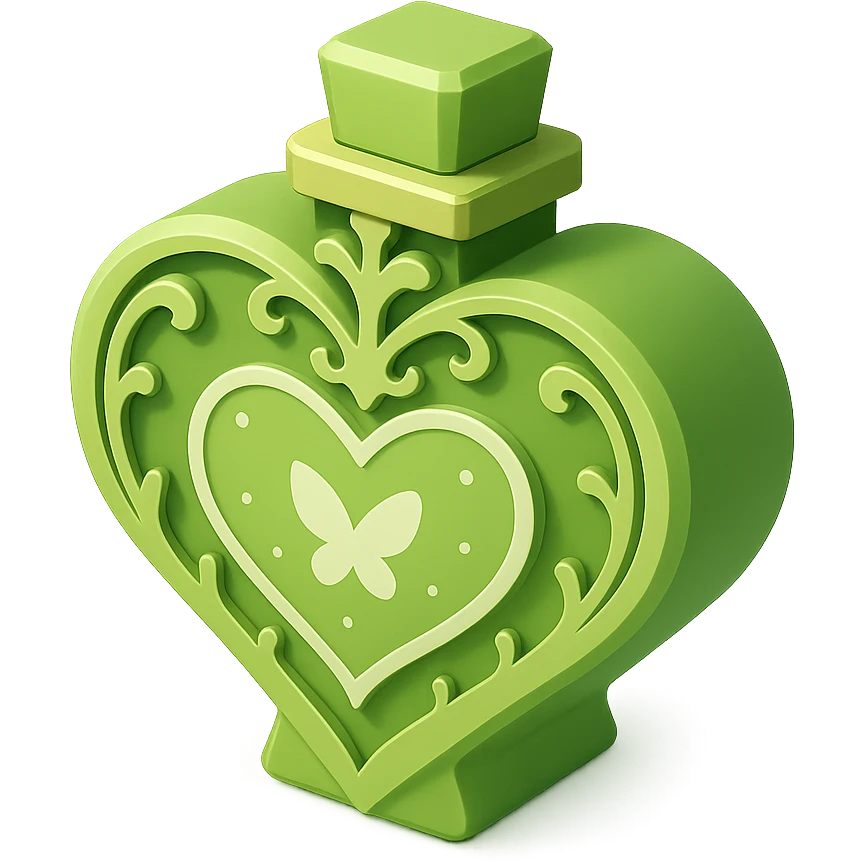 Change the heart-shaped bottle and decorations color to a luxurious #c0ff53 green while keeping the golden details, shine, 3D effect, and style as in the example. The background should be transparent. emoji