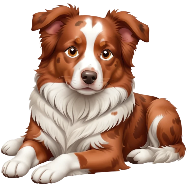 Red merle Australian Shepherd dog laying down, copper and white spotted coat, relaxed pose emoji