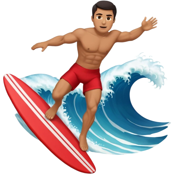 50 year old, muscular, dark haired, tan, red shorts man riding a big wave emoji