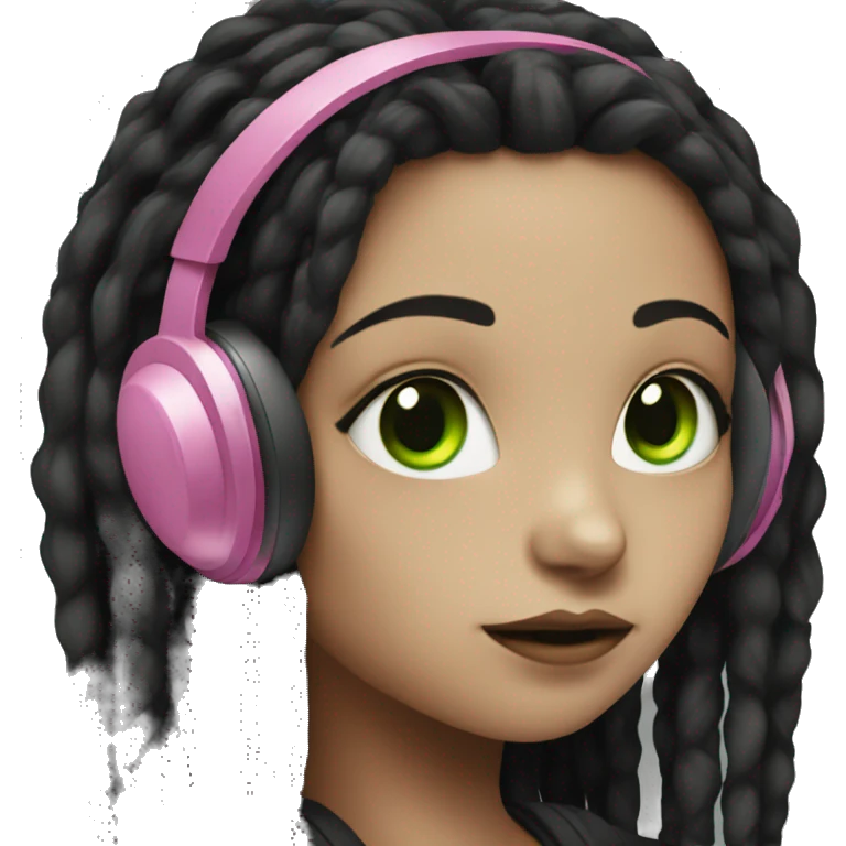 Gothic girl with green eyes, black dreadlocks, pink headphones emoji
