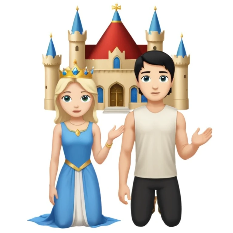 Man as king, standing, black Hair, blue eyes, woman, blonde, green eyes, shott white sleveless Dress, kneeling, background palace emoji
