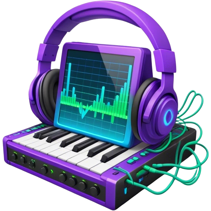 Create a creative and technical emoji that represents sound design. The design should feature a soundwave, a pair of studio headphones, and an audio synthesizer or soundboard to symbolize the manipulation and creation of unique soundscapes. Add subtle elements like audio cables, a mixing console, or a waveform to reflect the technical aspect of sound design. Use vibrant, futuristic colors like neon blue, purple, and green to represent innovation and creativity in sound. The background should be transparent. emoji