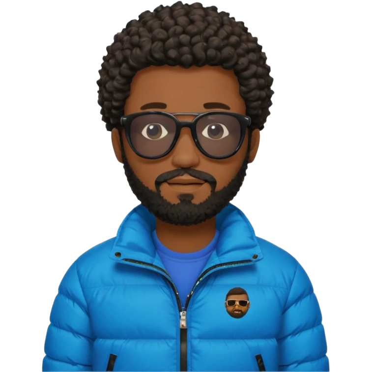Black man with black sunglasses and curly short
 hair with a full beard and sideburns in a puffer jacket emoji