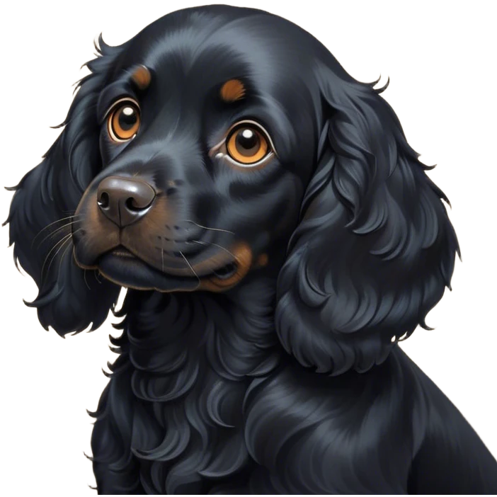 Cinematic Cute Black Cocker Spaniel Portrait Emoji, Head tilted playfully and inquisitively, featuring a glossy black coat with delicate tan accents, round, sparkling dark eyes brimming with curiosity, Simplified yet irresistibly adorable features, highly detailed, glowing with a warm, friendly glow, high shine, affectionate and lively, stylized with a touch of whimsy, bright and endearing, soft glowing outline, capturing the essence of a mischievous yet loving pup, so playful it feels like it could bound out of the screen and into your arms! emoji