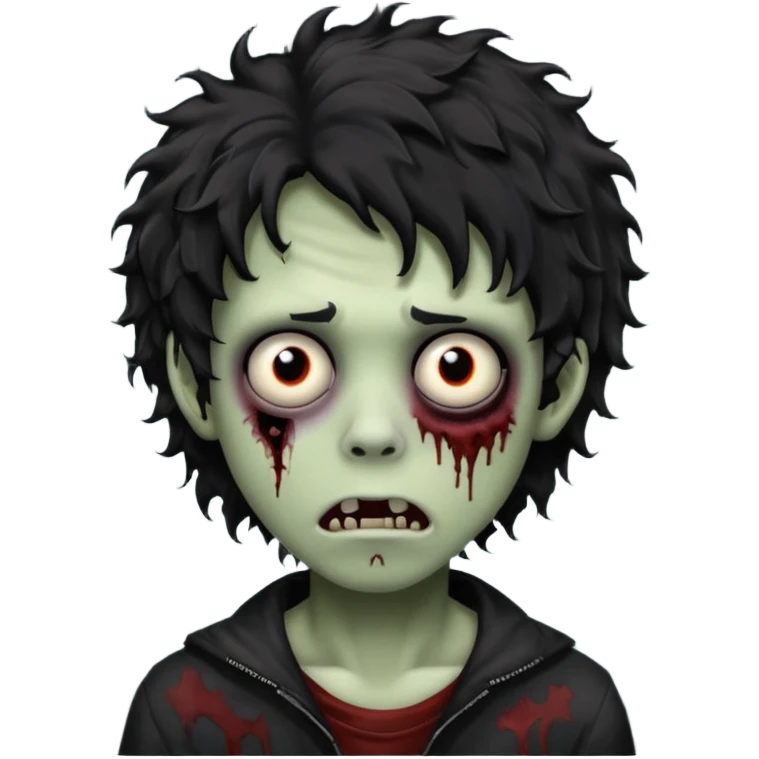 Boy, zombie, black and curly hair, medium long, emo, shaggy, dark, spooky, creepy expression emoji