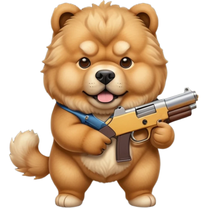 Funny realistic-style chow chow dog with light fur standing on its hind legs and holding a gun menacingly emoji