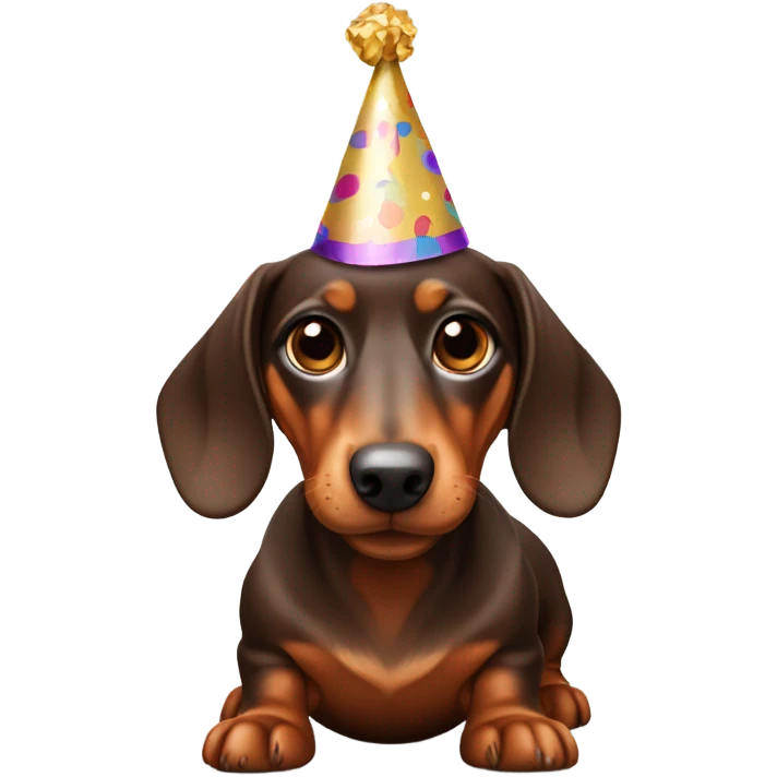 Miniature chocolate brown and tan dachshund wagging its tail wearing a party hat emoji