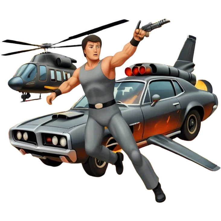 Icon for Action Movie: A vintage movie poster-style design featuring intense action scenes with explosions, weapons, and dramatic poses of Stallone. Include cars and helicopters flying out of flames in the background. Bold typography and retro cinematic style. Transparent background. emoji