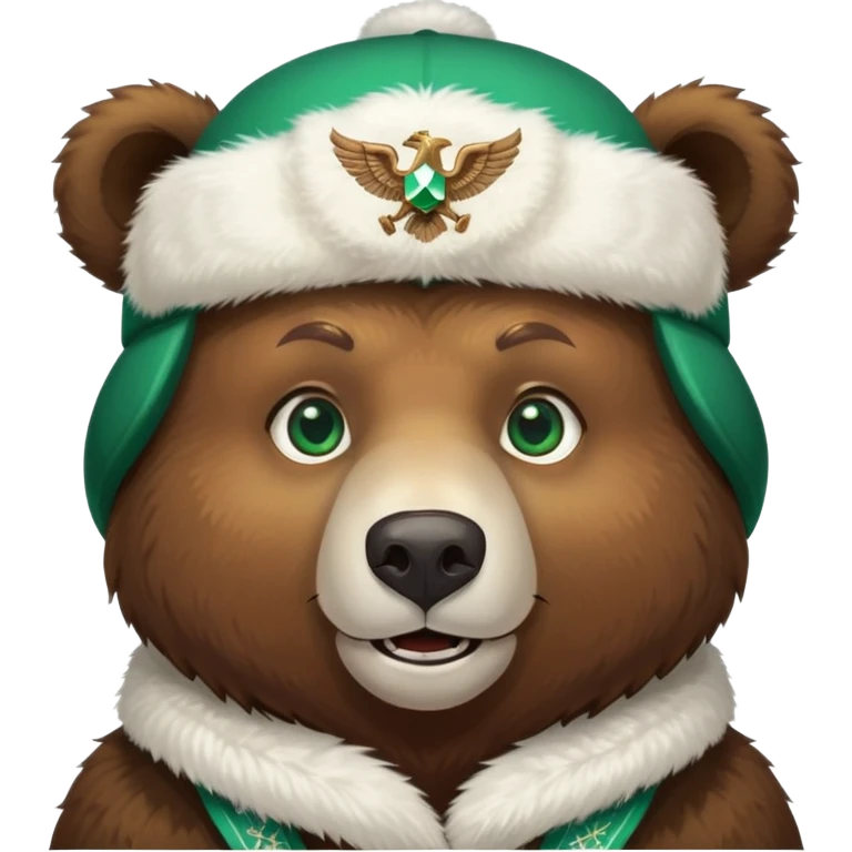 Cheerful brown bear head with emerald green eyes wearing white winter ushanka hat with double-headed eagle symbol centered, Russian themed emoji
