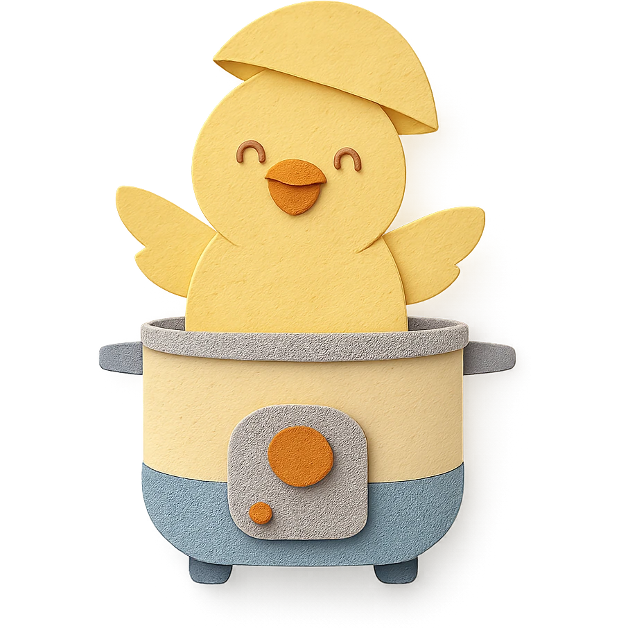 soft yellow egg cooker chick, popping out of the lid, smiling brightly, full-body emoji