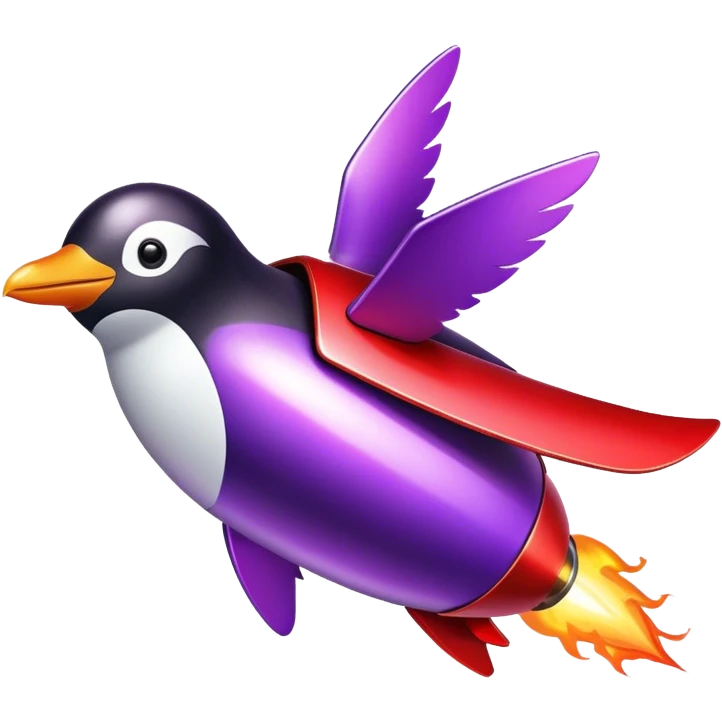 penguin in red rocket with purple fire emoji