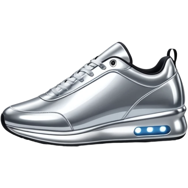 A pair of futuristic sneakers emoji made of silver chrome, sleek streetwear design, smooth metallic panels, subtle reflections, luxury swag aesthetic, iOS emoji style, centered, clean white background emoji
