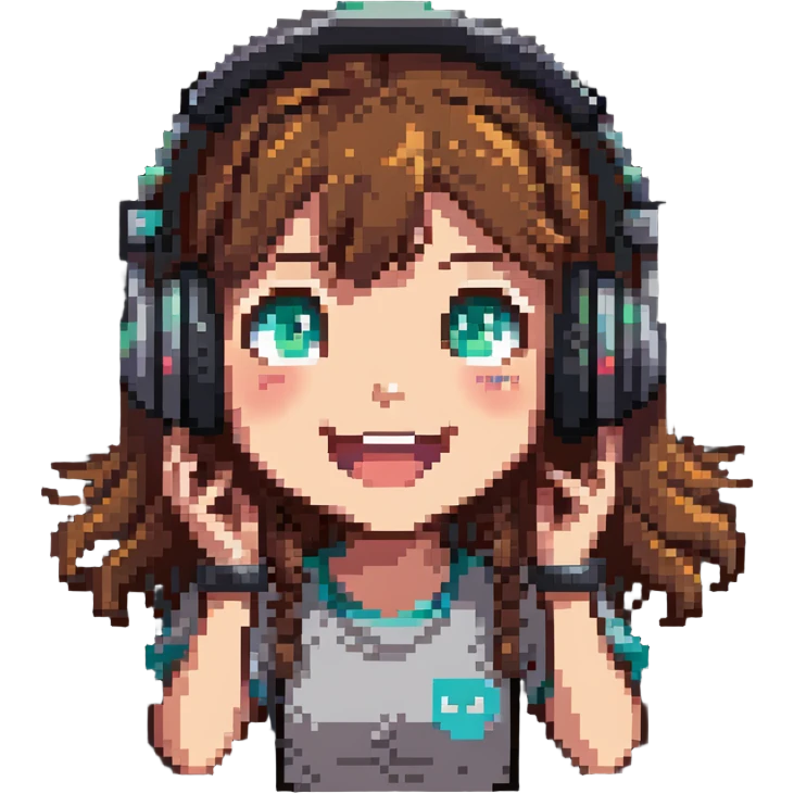 brown-haired gamer girl, excited expression, headphones, head only, emote emoji
