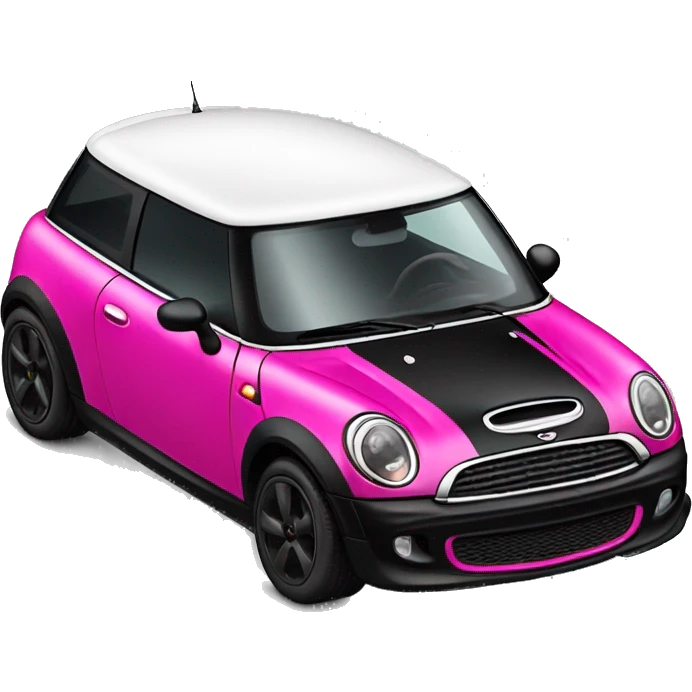 Black mini cooper, white roof, hot pink racing stripes emoji