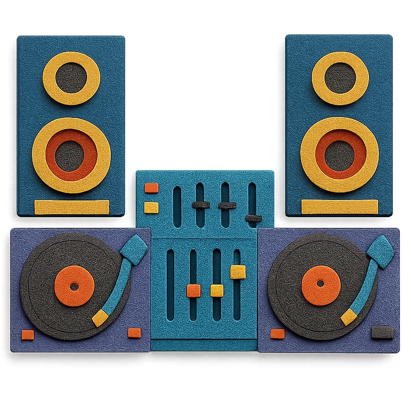 DJ setup with turntables, mixer, and speakers, colorful layered paper look emoji