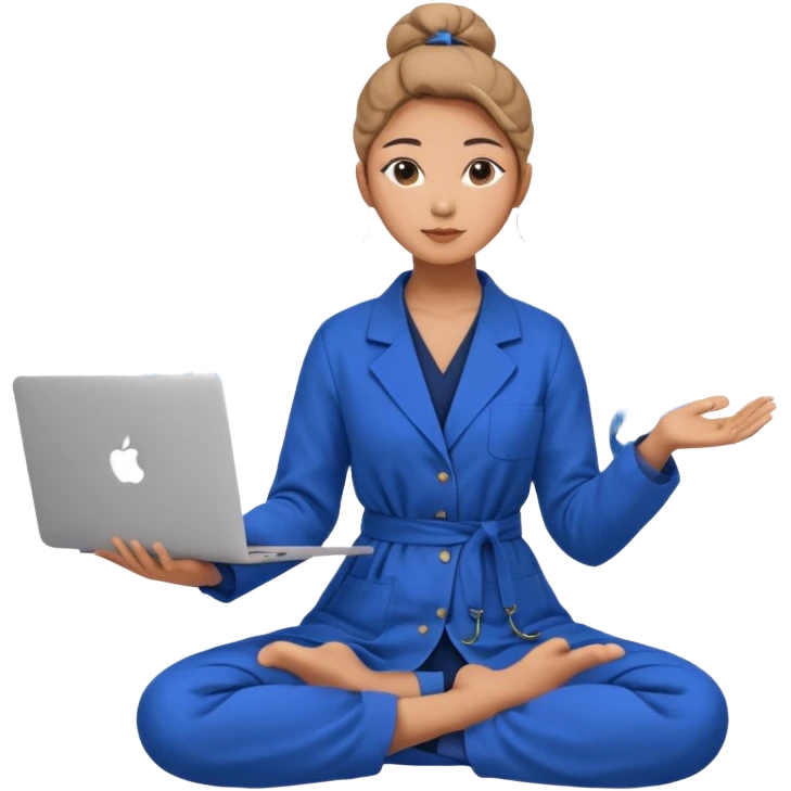 emoji of an asian woman with a single bun in a long blue labcoat sitting cross legged with dna levitating above one hand and an macbook above the other hand emoji