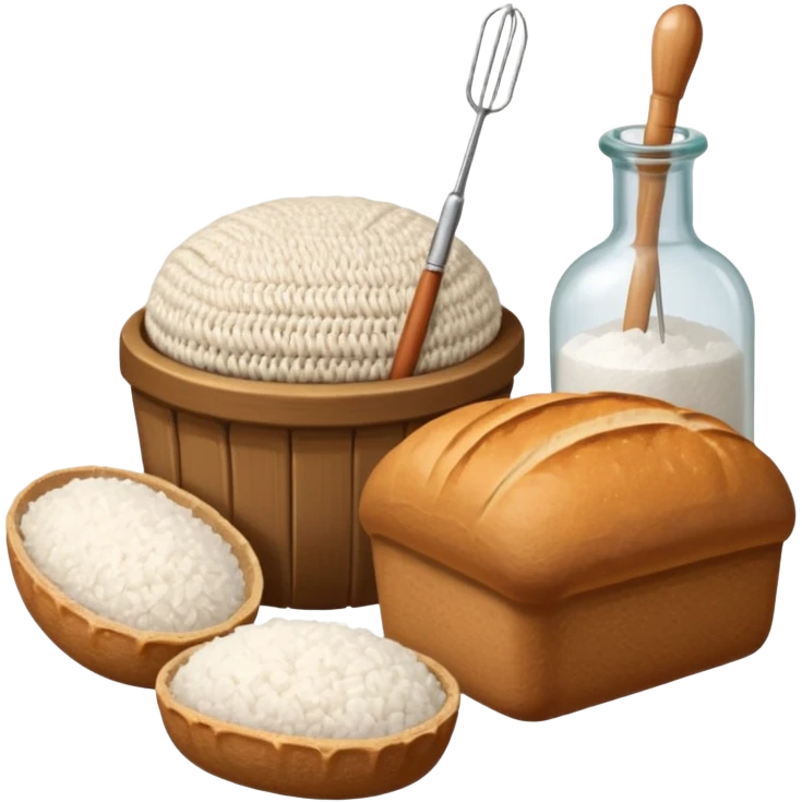 a one victorian bottle of salt and a loaf of bread - crochet needles and a ball of wool emoji