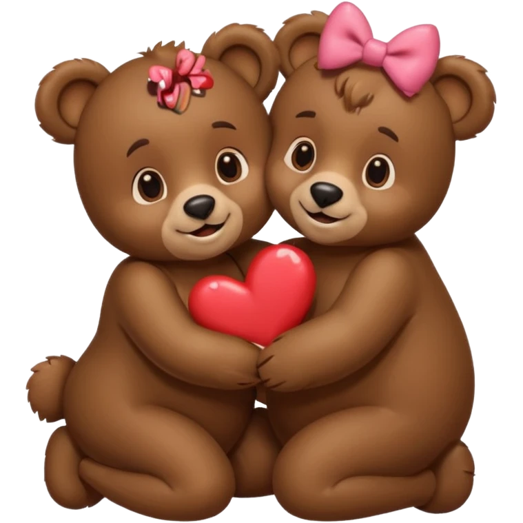female bear with bow on her head and male bear hugging, couple, surrounded by hearts, playful and loving, cute, same height  emoji