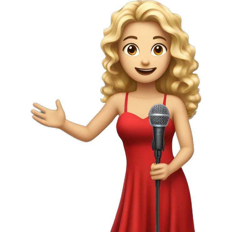 beautiful light girl in a long red dress sings holding microphone in a hand  emoji