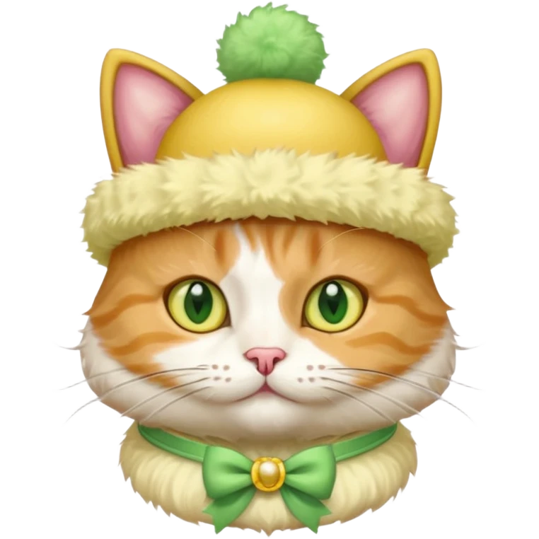 cat wearing a creamy cake hat with fun necklace around his neck and a yellow bow in the middle emoji