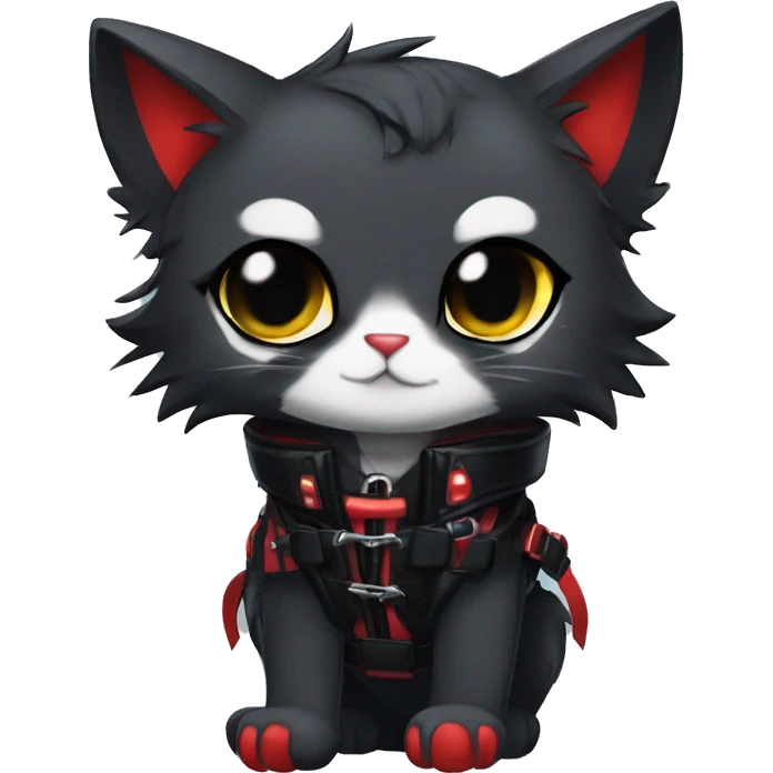 Anthro Edgy Cool Beautiful Black Cat-Fursona with Emo Hair-bangs with Red Streaks Chest Harness Spiked Collar Bat Wings emoji