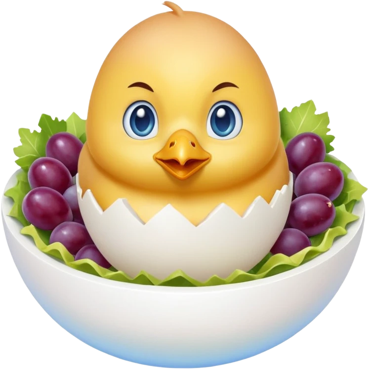 Chick in egg w blue eyes and chicken salad around it w cut up grapes in the salad emoji