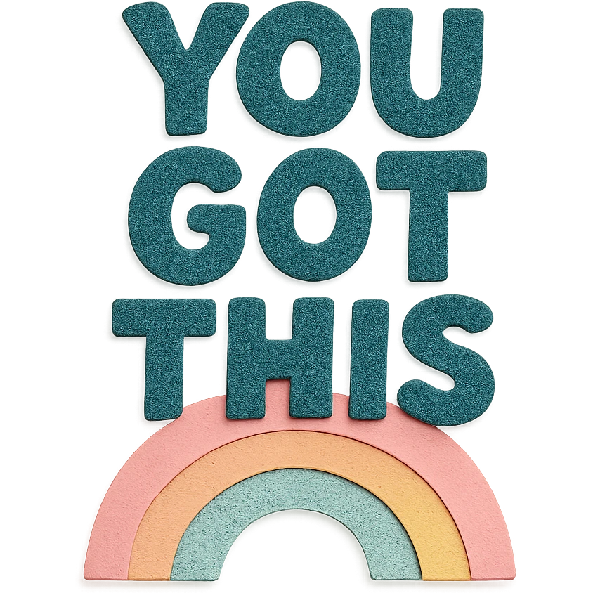 "You Got This" bold chubby hand-drawn lettering, soft pastel rainbow, cute, no border, transparent PNG emoji