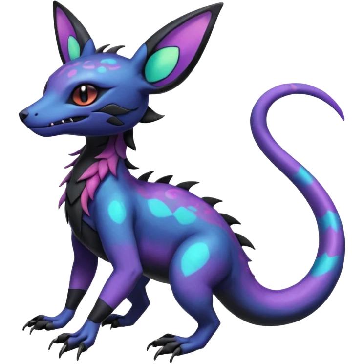 Rare epic aesthetic iridescent spooky gloomy colorful Salandit-Noibat-Eevee-Genet-species-Fakemon-hybrid-creature, with markings, full body emoji