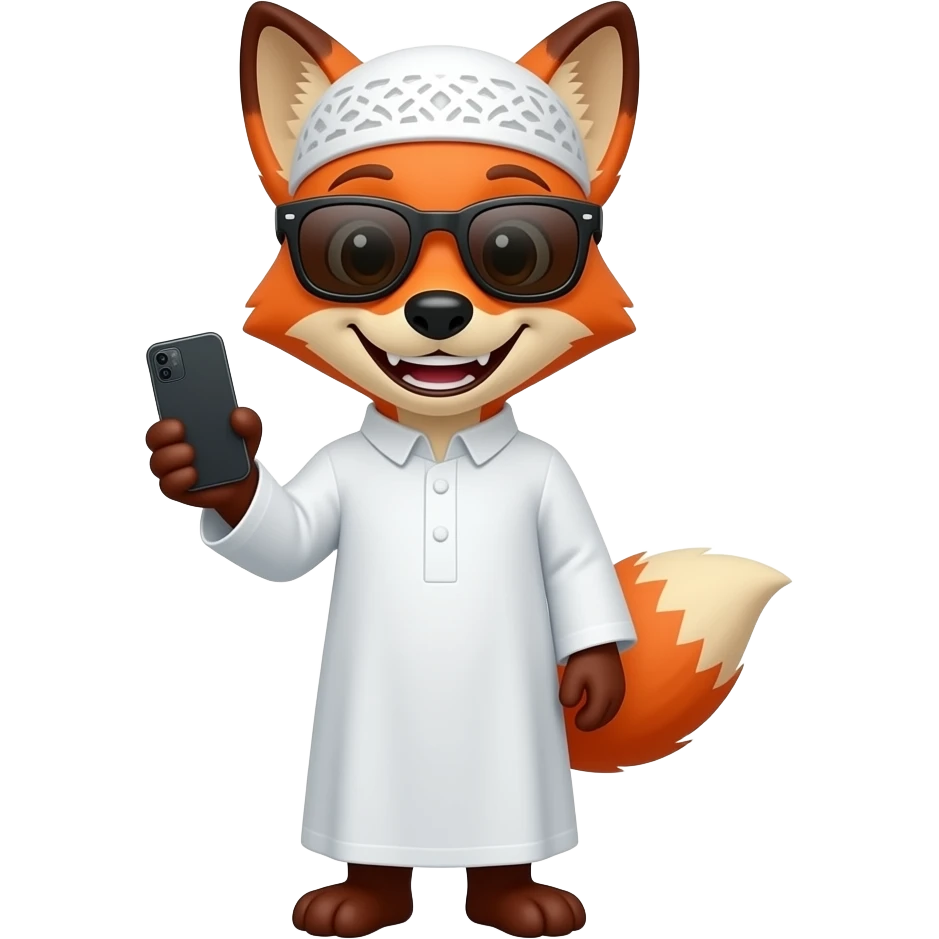 Fox smiley teeth with sunglasses and Muslim white cloths and a phone in his hand emoji