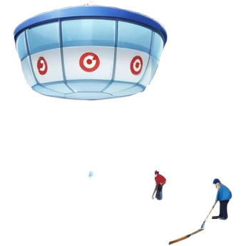 please, An icon featuring the curling rink, with its distinctive circles, and a vibrant crowd in the stands. Snowflakes fall outside the arena, and bright lights illuminate the ice. a curling stone sliding across the ice, with a broom nearby. Transparent background. emoji