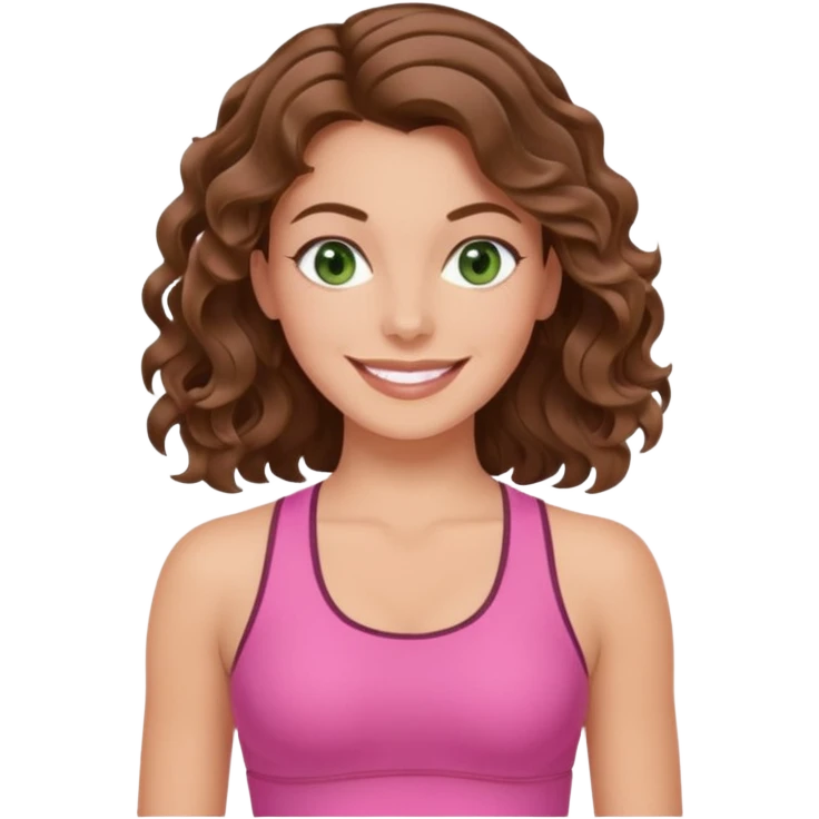 White, green-eyed, brunette cute feminine lady emoji with wavy hair doing pilates wearing pink pilates fit emoji
