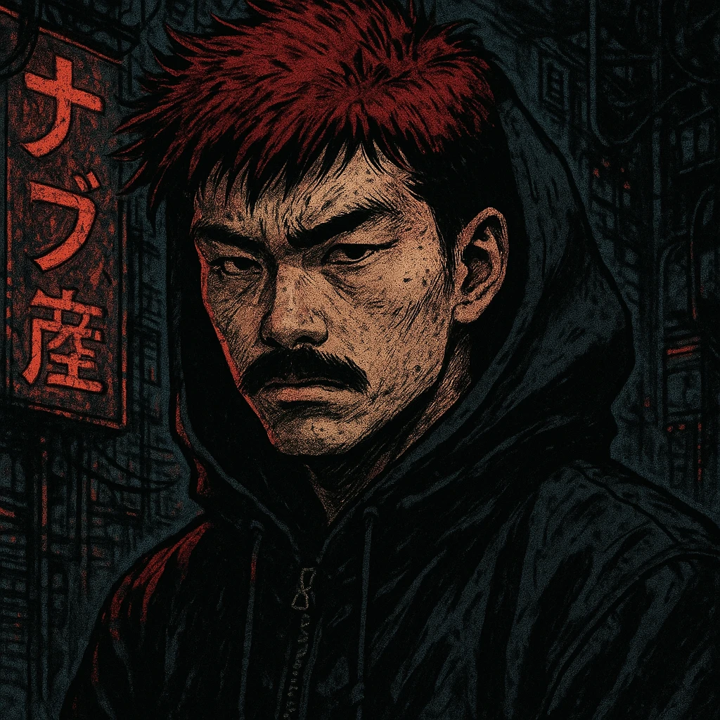 Asian man with black mustache, red hair, black hoodie, gritty cyberpunk manga style, inspired by 90s Japanese comics, moody lighting emoji